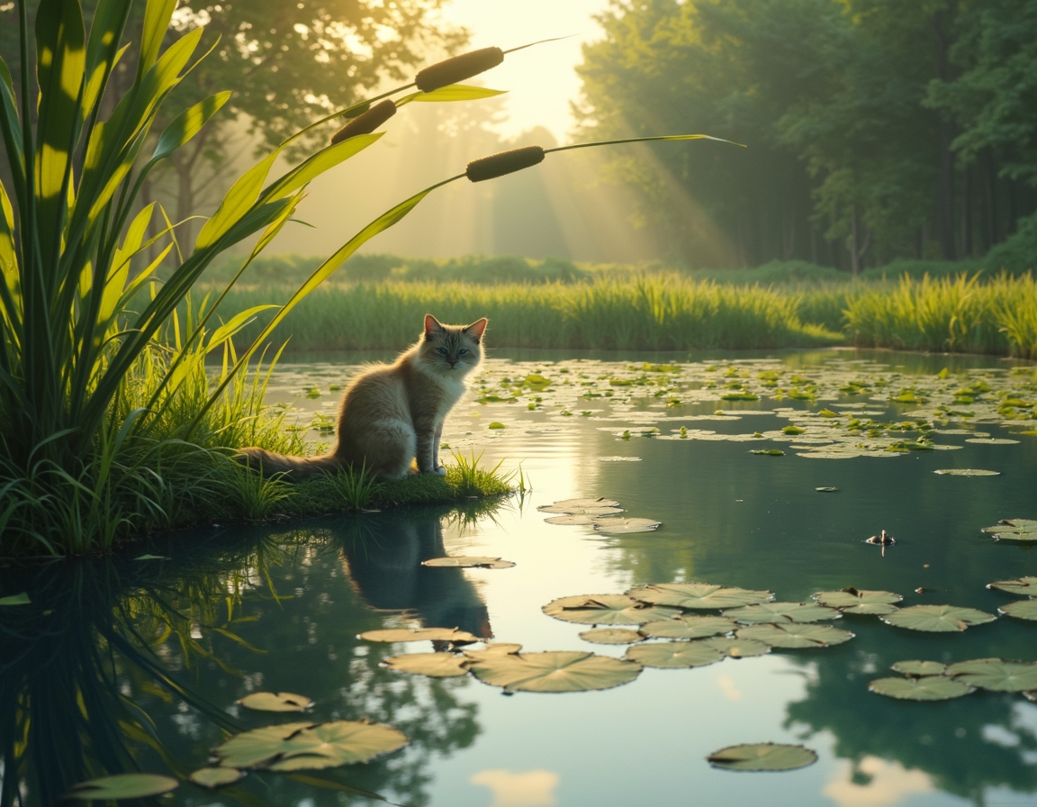 Cat observes a serene countryside pond, reflected in its still waters.